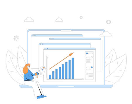 Online investment concept. Retail trader. Young woman with stock market growing graph. Vector color line art illustration.のイラスト素材