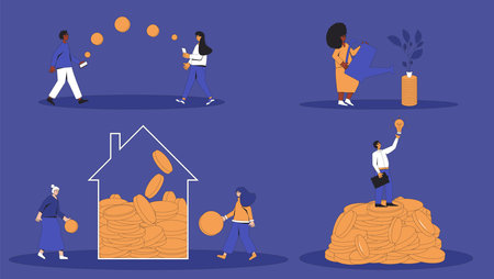 Financial income and profit set. Different characters with money scenes. Family budget, inestor,...