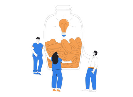 Fundraising concept. Characters with coins and piggy bag. Crowd funding. Friends give a money for a...