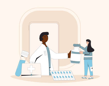 Online medical consultation. Telemedicine. Doctor distant advise. Health care by internet. Healthcare services. Vector flat illustration.のイラスト素材