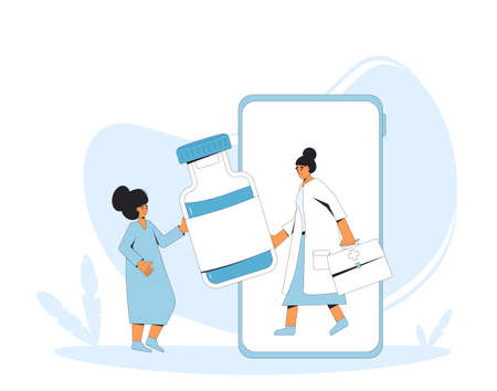 Online medical consultation. Telemedicine. Doctor distant advise on smartphone. Health care by internet. Healthcare services. Vector flat illustration.のイラスト素材