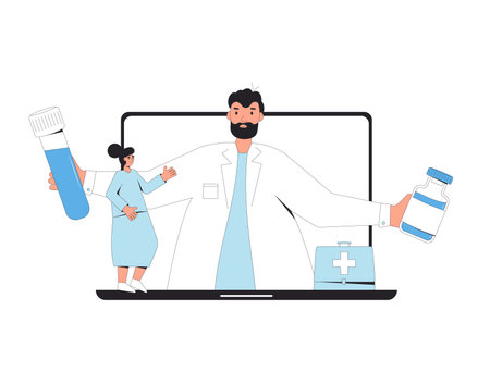 Online medical consultation. Telemedicine. Doctor distant advise. Health care by internet. Healthcare services. Vector flat illustration.のイラスト素材