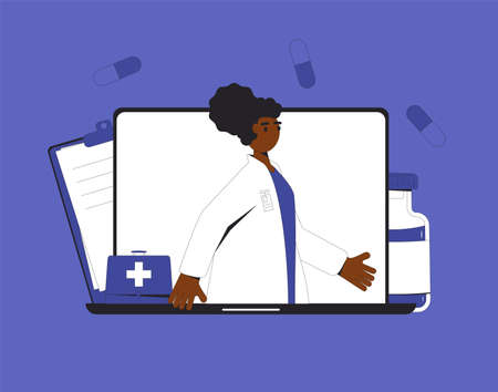 Online medical consultation. Telemedicine. Female doctor distant advise. Health care by internet. Healthcare services. Vector flat line illustration.のイラスト素材