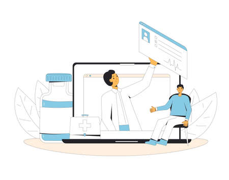 Online medical consultation. Telemedicine. Doctor distant advise. Health care by internet. Healthcare services. Vector flat illustration.のイラスト素材