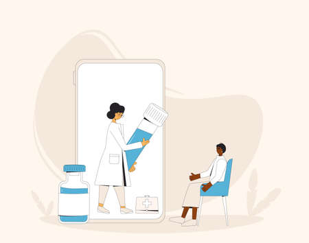 Online medical consultation. Telemedicine. Doctor distant advise. Health care by internet. Healthcare services. Vector flat illustration.のイラスト素材