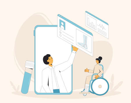 Online orthopedics medical consultation. Traumatologist with feet toe traumapatient. Telemedicine. Doctor distant advise. Health care by internet. Healthcare podiatrist services. Vector illustration.のイラスト素材