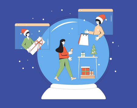 Christmas online meeting. Friends giving a gift. Stay home at holiday. Young female persons meeting with video call during a pandemic. Sharing virtual present on the internet. Vector illustration.のイラスト素材