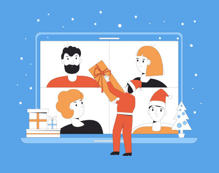 Christmas online meeting. Friends giving a gift. Party holiday on internet. Young female persons meeting with video call during a pandemic. Sharing virtual present. Vector illustration.のイラスト素材