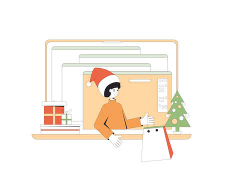 Christmas online shopping. Stay home at winter holiday and buy gifts on internet. Sharing virtual present on the internet. Xmas sale. Vector line art flat illustration.のイラスト素材