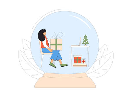 Christmas online meeting. Stay home at holiday. Young female person meeting with ftiend with video call during a pandemic. Sharing virtual present. Vector illustration.のイラスト素材