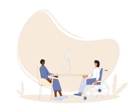 Business or job interview. Partners sitting and talking about business. Coworkers talking at business meeting ar coaching session. Vector illustration.のイラスト素材