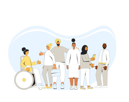 Group of diverse people standing together. Different characters wearing in casual clothes.のイラスト素材