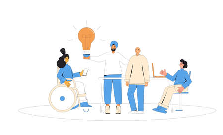 Brainstorming business meeting. Diverse group of professionals working together on a project. teamwork people. Coworkers talking about their startup idea. Vector illustration.のイラスト素材