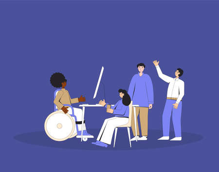 Diverse group of professionals working together on a project. teamwork people. Inclusion at the office. Coworkers talking at business meeting. Vector illustration.のイラスト素材