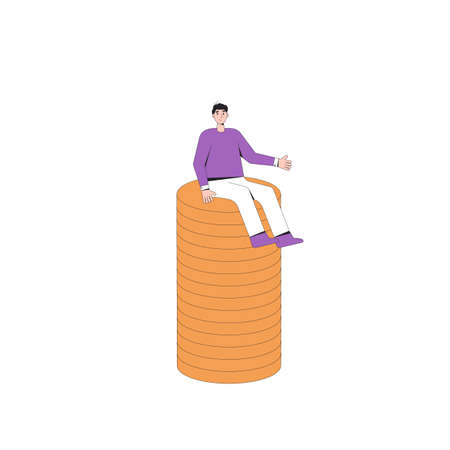 Man with money. Male character sitting on huge stack of coins. Adult person with income. Vector color line art illustration.のイラスト素材