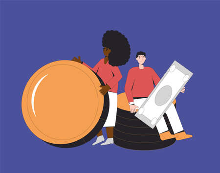 Man and woman with money. Young male and female characters sitting and standing with huge coin and paper currency. Vector color line art illustration.のイラスト素材