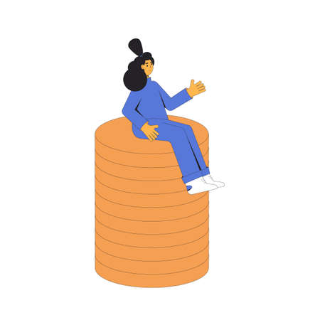 Savings. Woman with money sitting on huge stack of coins. Young female character with money. Vector color line art illustration.のイラスト素材