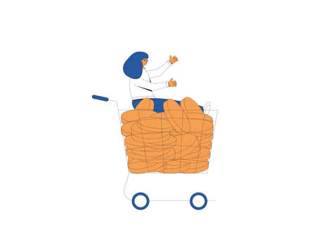 Wealth. Young woman sitting in shopping basket with money. Young female character with pile of coin. Vector color line art illustration.のイラスト素材