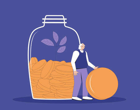 Retirement savings. Elderly man with money. Old male character wearing in casual clothes standing with jar of coins. Senior man with moneybox. Vector color line art illustration.のイラスト素材