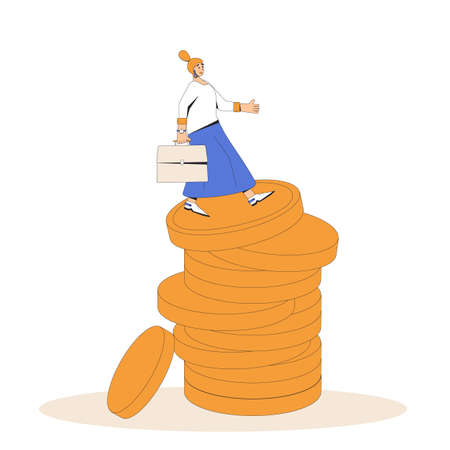 Financial risk. Woman try not to fall down. Young female character slips on a huge stack of coin isolated on white background. Vector color line art illustration.のイラスト素材