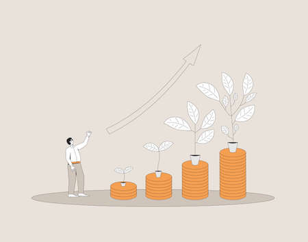 Investment return. Stock market growth. Profit. Business growth. Male retail investor with money tree. Vector color line art illustration.のイラスト素材