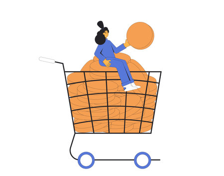 Wealth. Young woman sitting in shopping basket with money. Young female character with pile of coin. Vector color line art illustration.のイラスト素材