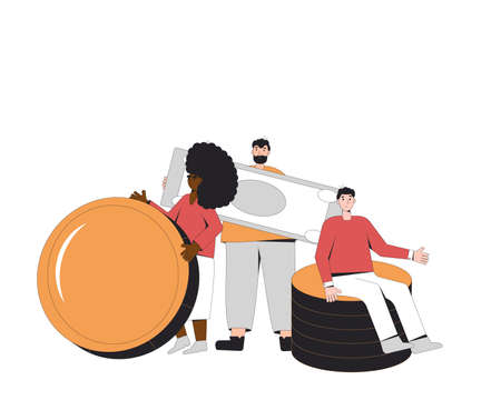 People money. Young male and female characters sitting and standing with huge coin and paper currency isolated on white background. Vector color line art illustration.のイラスト素材