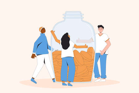 People with money. Young male and female characters standing with huge jar of coins. Savings or bank deposit. Vector color line art illustration.のイラスト素材