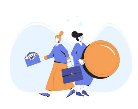 People with income. Two women with money. Female characters standing together with coins and envelop of paper money. Vector color line art illustration.のイラスト素材