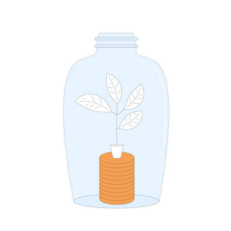 Moneybox. Savings. Jar of coins and tree isolated on white background. Vector color line art illustration.のイラスト素材