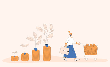 Investment return. Stock market growth. Profit. Business growth. Female retail investor with money tree. Vector color line art illustration.のイラスト素材