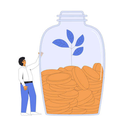 Bank deposit. Savings. Man with money. Male character standing with jar of coins and moneytree. Adult person with moneybox. Vector color line art illustration.のイラスト素材