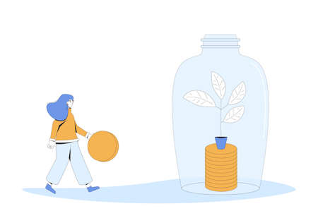 Bank deposit replenishment. Savings. Woman with money. Female character going to put her income into jar of coins. Young person with moneybox and huge gold coin. Vector color line art illustration.のイラスト素材
