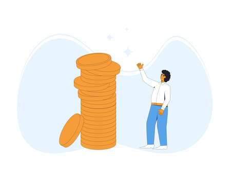 Man with money. Male character standing with huge stack of coins. Adult person with income. Vector color line art illustration.のイラスト素材
