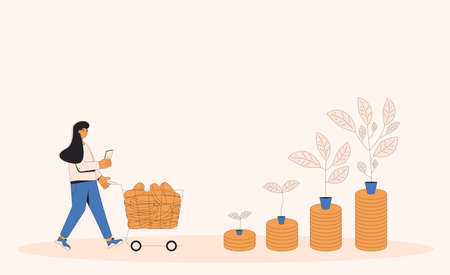 Bank deposit replenishment. Savings. Woman with money. Female character going to put her income into the broker account. Vector color line art illustration.のイラスト素材