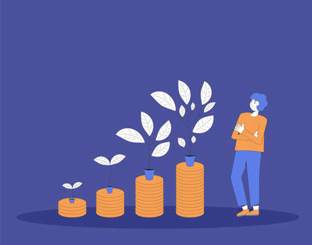 Investment return. Stock market growth. Profit. Business growth. Male retail investor with money tree. Vector color line art illustration.のイラスト素材