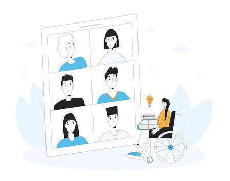 Video call conference. Book club online meeting. Reading lovers digital communication. People talking to each other about literature on tablet screen. Phone with video chat. Vector illustration.のイラスト素材