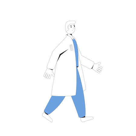 Doctor, medic. Male character wearing in mediacl or lab uniform walking isolated on a white background. Medical staff. Vector color line art illustration.のイラスト素材