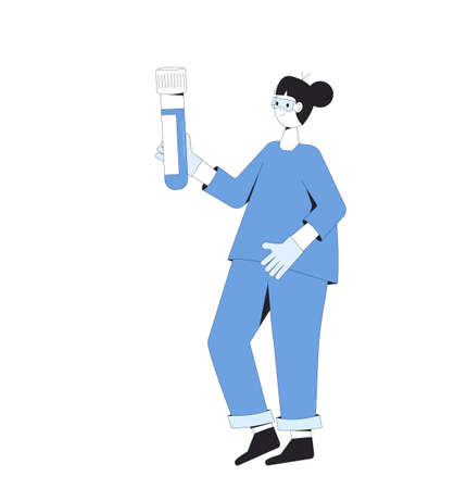 Young chemistry scientist. Female character standing with his flask isolated on a white background. Researcher with experiment results. Biotechnology. Vector color illustration.のイラスト素材