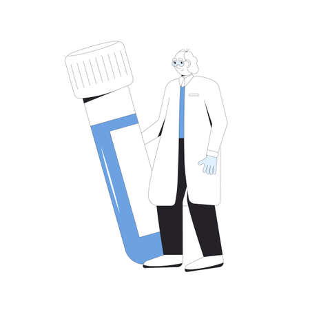 Mature scientist. Male character standing with his flask isolated on a white background. Researcher with experiment results. Phd of biotech. Vector color illustration.のイラスト素材