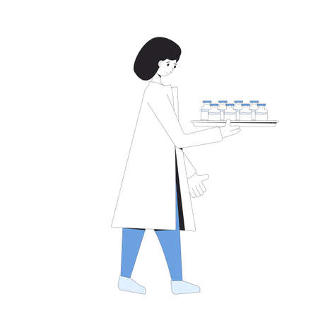 Doctor, medic. Female character wearing in uniform standing with vaccines isolated on a white background. Medical staff. Nurse or intern. Vector color line art illustration.のイラスト素材