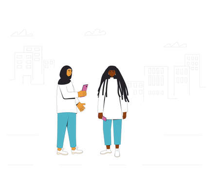 Two teenagers meeting on the street. Young friends standing with phones and talking. vector color line illustration.のイラスト素材
