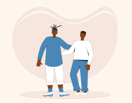 Two african american teenagers standing together. Young male friends wearing casual clothes. Two boys mat. vector color line illustration.のイラスト素材