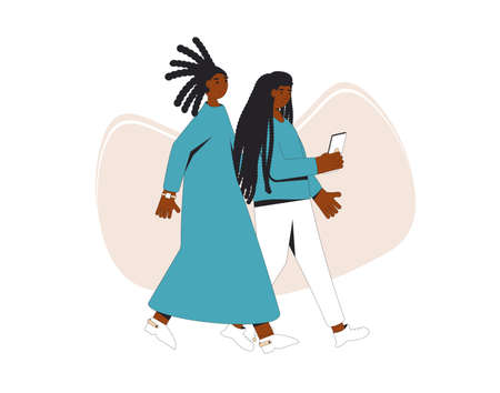 Two african american teenagers walking together. Young female friends wearing in casual clothes with phone.Vector color line illustration.のイラスト素材