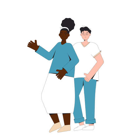 Teenagers couple standing together. Young female and male friends wearing in casual clothes. Boy and girl. Vector color line illustration.のイラスト素材
