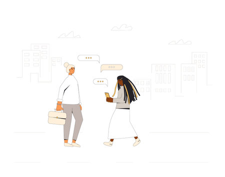 Two teenagers meeting on the street. Young friends standing with phones. vector color line...