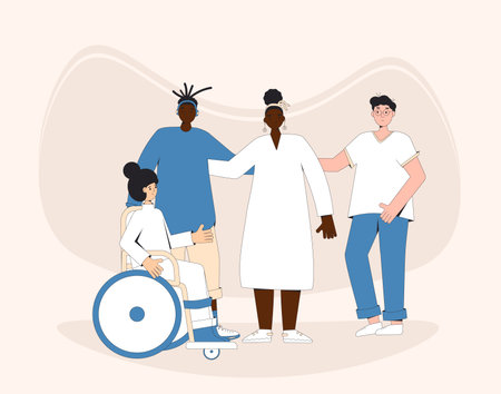 Group of diverse teenagers standing together. Young female and male friends wearing in casual clothes. Boys and girls hugging each other. Vector color line illustration.のイラスト素材