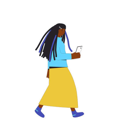 Young african american woman. Female teenager wearing in casual clothes walking with smartphone in her hand isolated on a white background. vector color line illustration.のイラスト素材