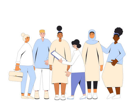 Group of diverse teenagers standing together. Young female and male friends wearing in casual clothes. Boys and girls hugging each other. Vector color line illustration.のイラスト素材