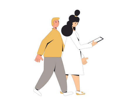 Two teenagers walking together isolated on white background. Young male and female friends wearing in casual clothes with phone. Pair. vector color line illustration.のイラスト素材